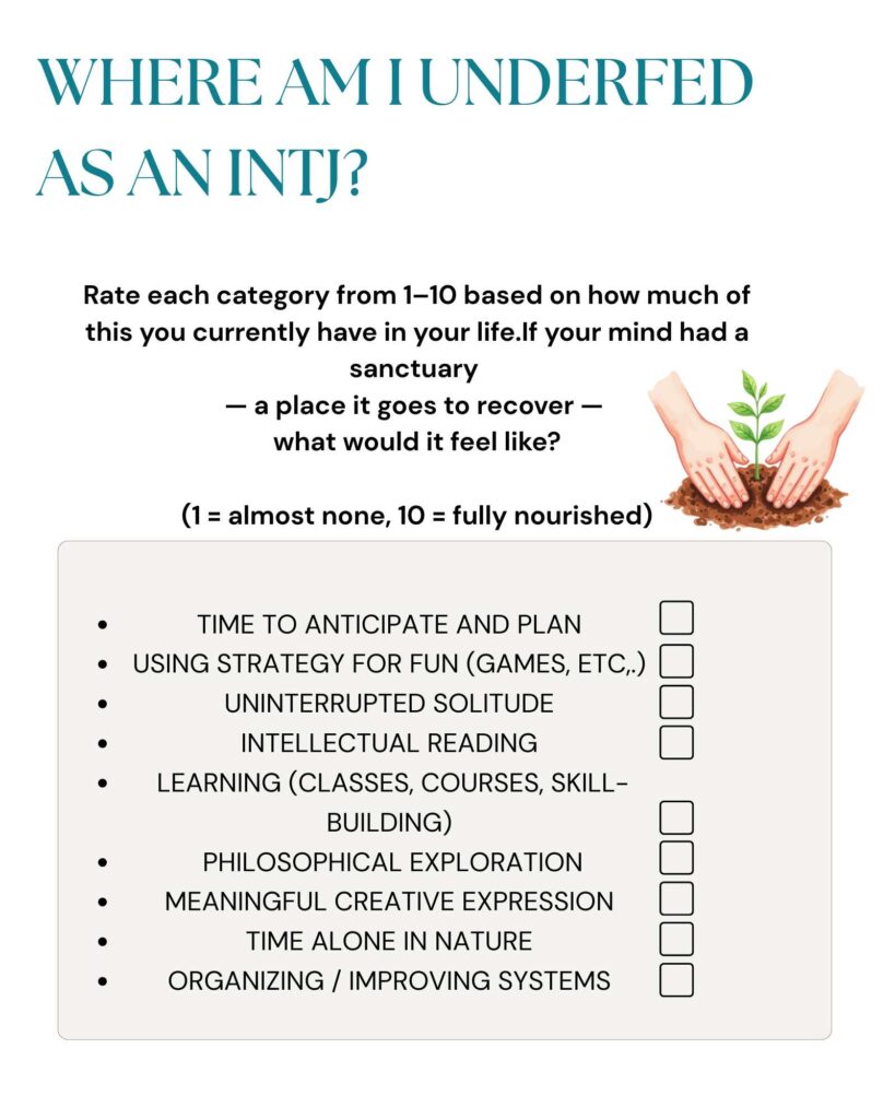 A checklist for INTJs to go through to see how much they're prioritizing the things that inspire them.