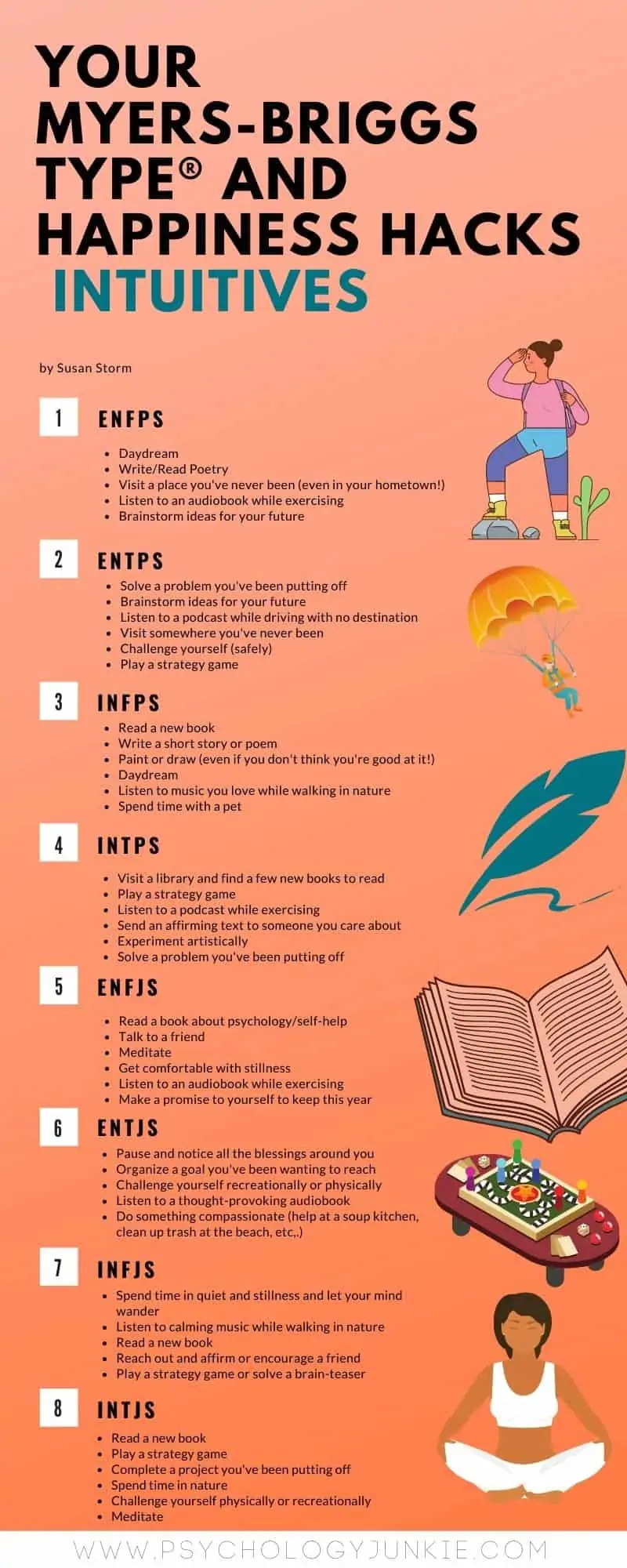 Discover happiness hacks for every intuitive Myers-Briggs personality type. #Personality #MBTI