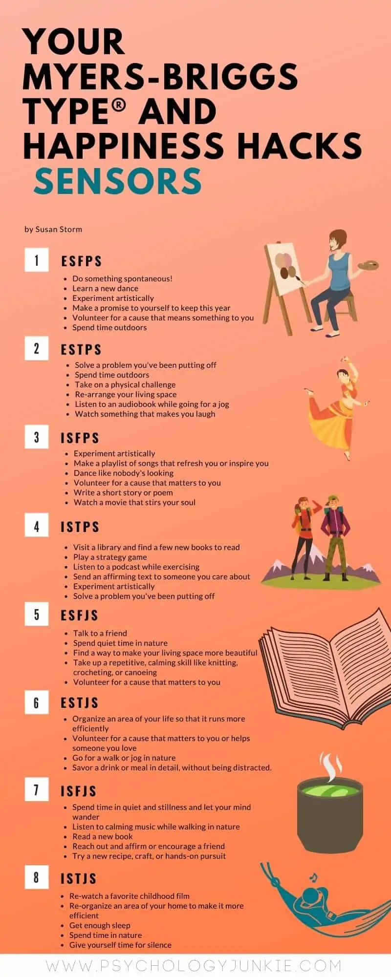 Discover some happiness hacks for the sensing Myers-Briggs personality types. #MBTI #Personality