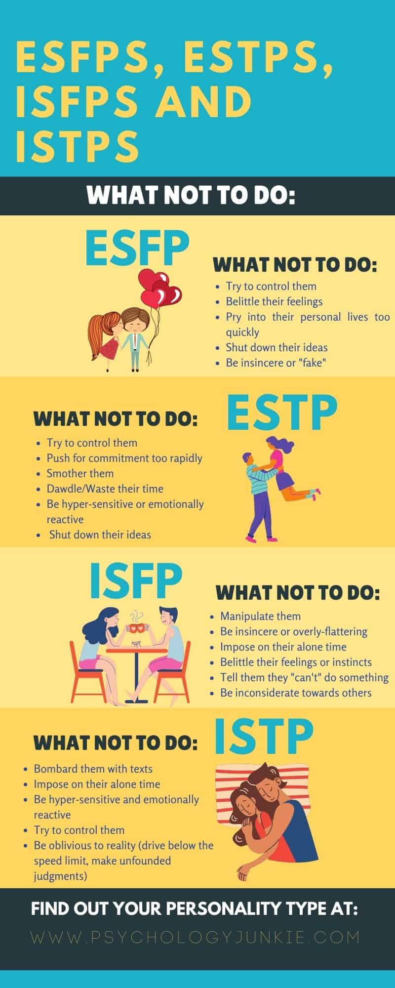 Find out what NOT to do in a relationship with an ESFP, ESTP, ISFP, or ISTP. #MBTI #Personality