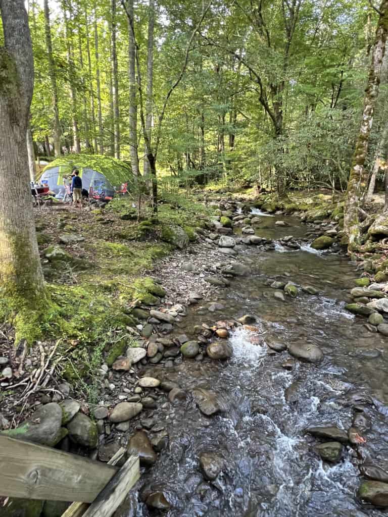 A picture of our tent along the stream in the smoky mountains, Tennessee!