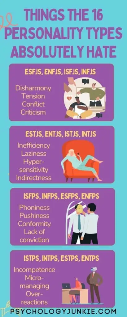 Find out what the 16 Myers-Briggs® personality types absolutely hate. #MBTI #Personality #INFJ