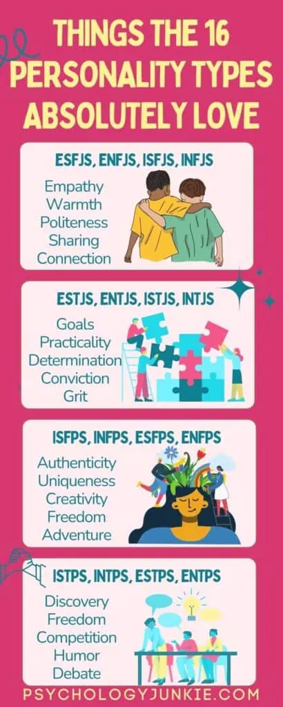 Discover some of the core things that each of the 16 Myers-Briggs® personality types love. #MBTI #Personality #INTJ