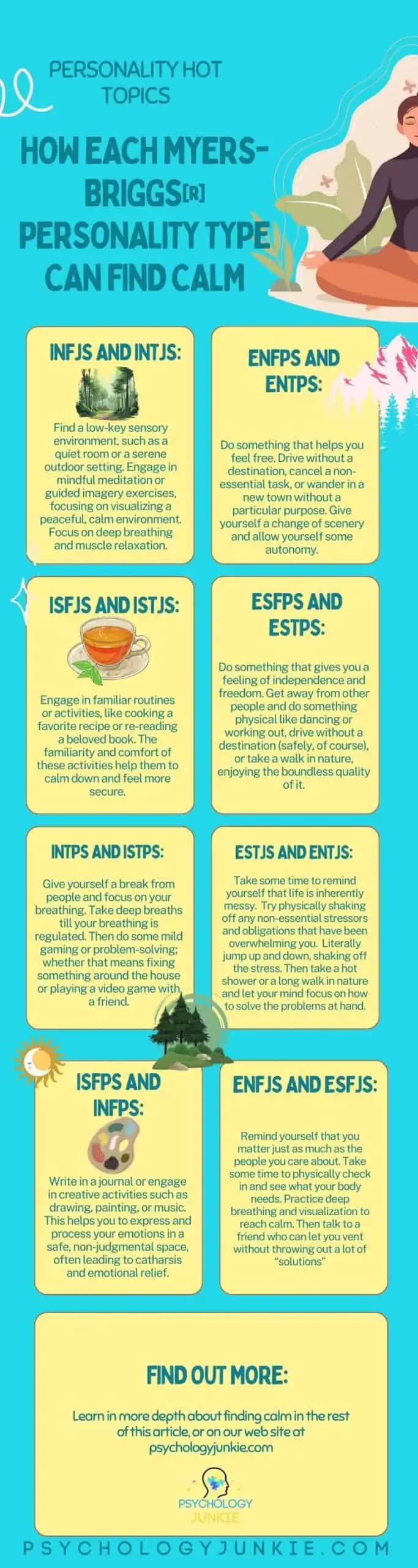 How to find calm, based on your Myers-Briggs® personality type. #MBTI #Personality #infographic
