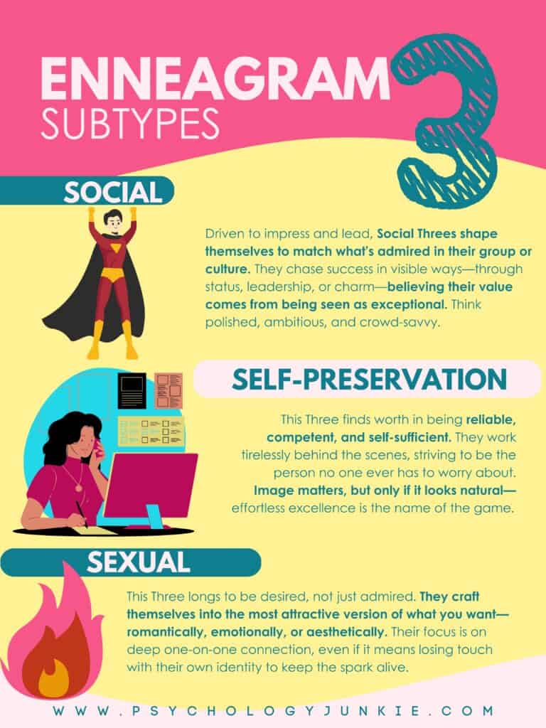 An infographic describing the Enneagram 3 subtypes (instinctual variants)