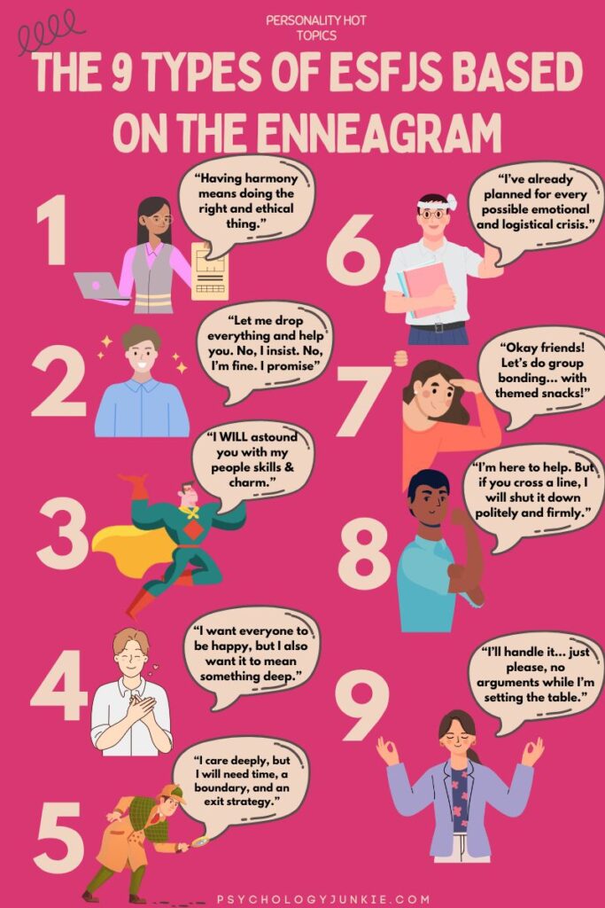 An infographic showcasing the ESFJ as the nine Enneagram types.
