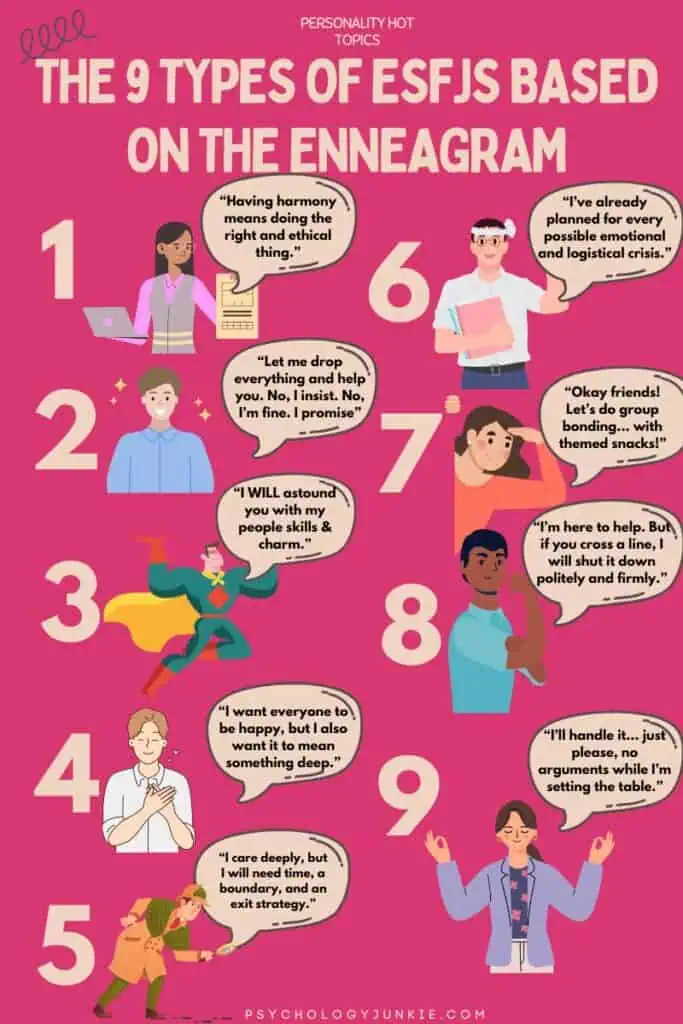 An infographic showcasing the ESFJ as the nine Enneagram types.
