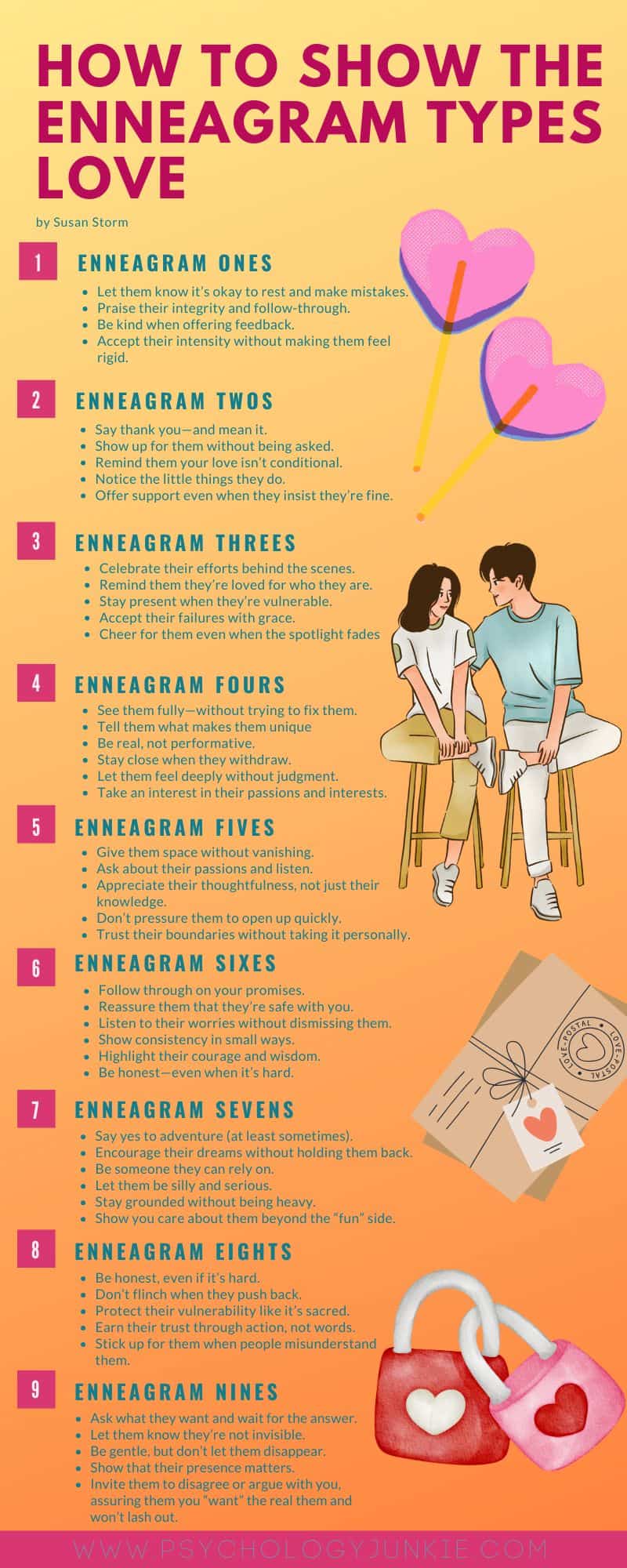 An infographic showing some of the ways to show love to the Nine Enneagram types.